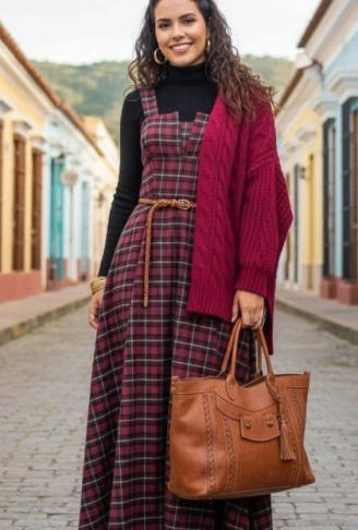 Kadın Omuz Askılı Full Ekose Detay Elbise