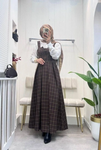 Kadın Omuz Askılı Full Ekose Detay Elbise