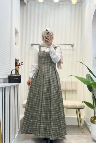 Kadın Omuz Askılı Full Ekose Detay Elbise