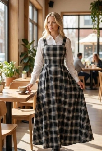 Kadın Omuz Askılı Full Ekose Detay Elbise