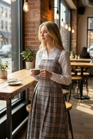 Kadın Omuz Askılı Full Ekose Detay Elbise