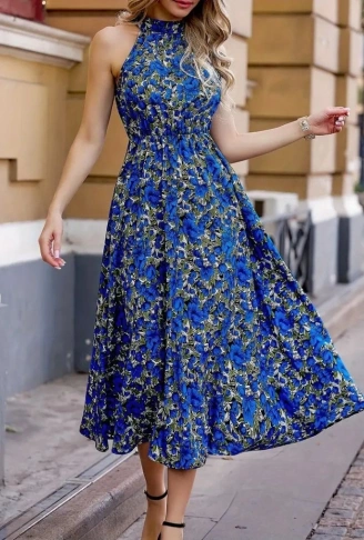 Kadın Omuz Dekolteli Halter Yaka Desenli Maxi Süprem Elbise