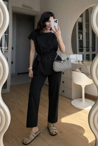 Kadın Omuz Detay Kuşak Dahil Bluz Ve Pantolon Keten Kumaş Ikili Takım