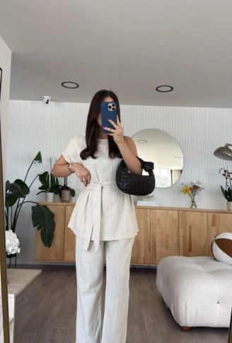 Kadın Omuz Detay Kuşak Dahil Bluz Ve Pantolon Keten Kumaş Ikili Takım