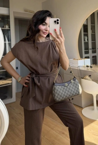 Kadın Omuz Detay Kuşak Dahil Bluz Ve Pantolon Keten Kumaş Ikili Takım