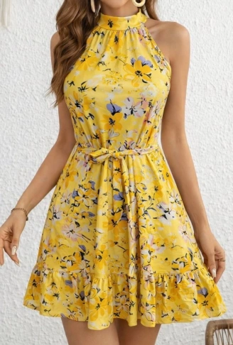 Kadın Omuzlardan Açık Balıkçı Yakalı Kuşaklı Desenli Kısa Süprem Elbise