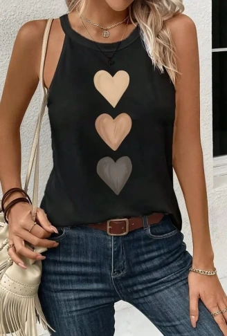 Kadın Omuzlardan Açık Boyundan Askılı Kalp Baskılı Viskon Bluz