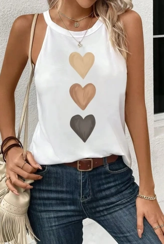 Kadın Omuzlardan Açık Boyundan Askılı Kalp Baskılı Viskon Bluz