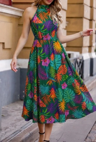 Kadın Omuzlardan Açık Daire Yaka Desenli Maxi Süprem Elbise