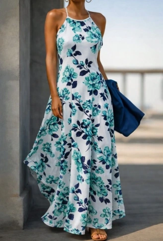 Kadın Omuzlardan Açık Ip Askılı Desenli Uzun Süprem Elbise