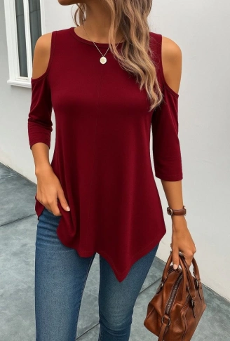 Kadın Omuzlardan Açık Sıfır Yaka Asimetrik Kesim Detay Viskon Bluz