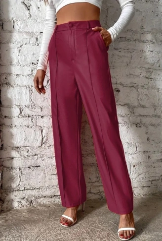 Kadın önden Fermuarlı Cepli Geniş Kesim Lame Deri Pantolon