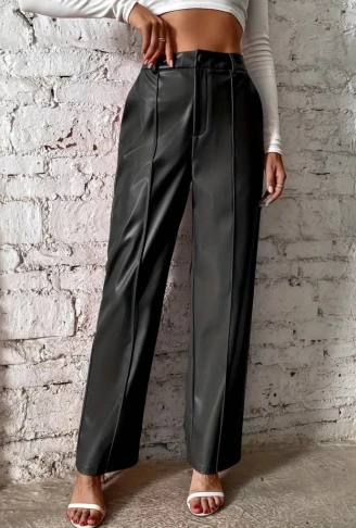 Kadın önden Fermuarlı Cepli Geniş Kesim Lame Deri Pantolon