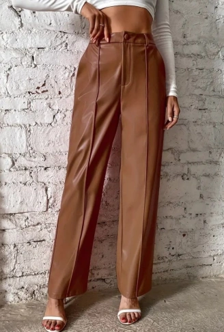Kadın önden Fermuarlı Cepli Geniş Kesim Lame Deri Pantolon