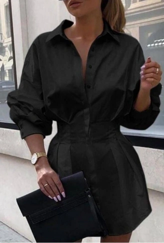 Kadın Pamuk Polyester Kumaş Belden Pileli Gömlek Elbise