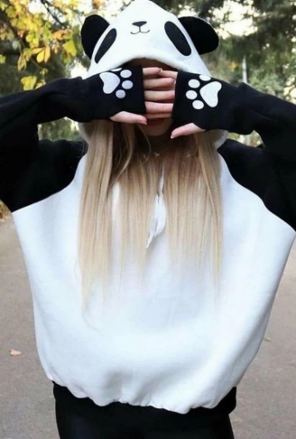 Kadın Panda üç Iplik Kumaş Kapüşonlu Polar Sweat 65 Cm