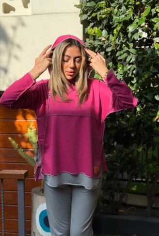 Kadın Pembe Kapşonlu Etek Ucu Detay Arma Ters Dikiş Gorunumlu Ikili Takım