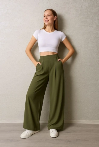 Kadın Pileli Gizli Cep Detay Salaş Pantolon