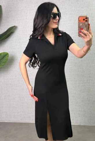 Kadın Polo Yaka çift Yırtmaç Detay Modal Kumaş Midi Boy Elbise