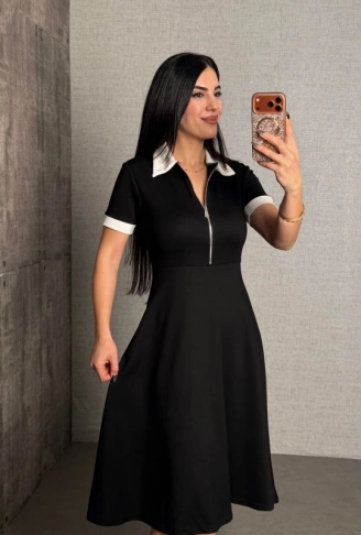 Kadın Polo Yaka Fermuar Detaylı Modal Midi Elbise