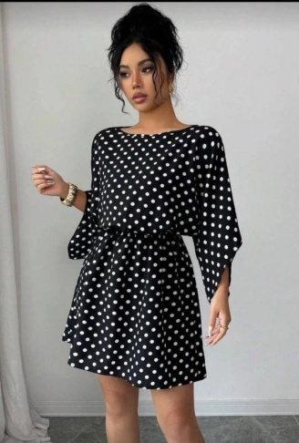 Kadın Puantiyeli örme Krep Mini Elbise (kemersiz)