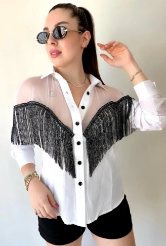 Kadın Püskül Detay Poplin Gömlek Bluz Fırsat Ürün