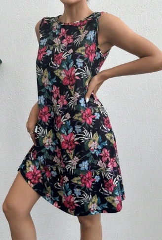 Kadın Renkli çiçek Baskılı Süprem Elbise