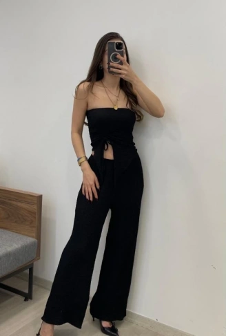 Kadın Sendy Kumaş Bağcık Detaylı Asimetrik Takım