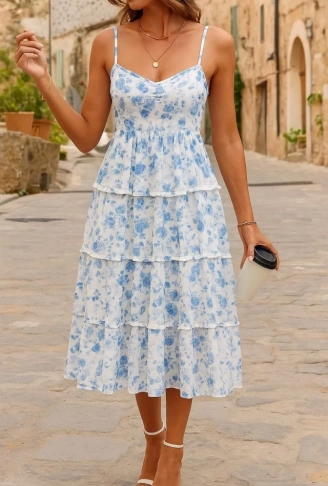 Kadın Sıfır Kol Askılı Dekolteli Yırtmaç Detay çiçek Baskılı Süprem Midi Elbise