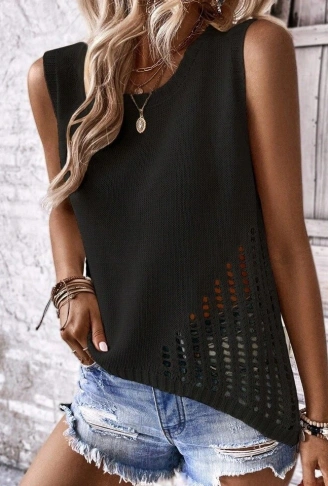 Kadın Sıfır Kol Bisiklet Yaka Yanları Ajur Detay Triko Bluz