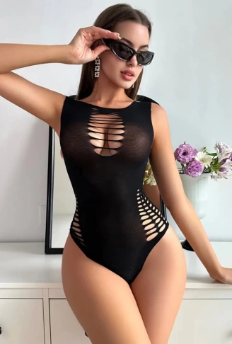 Kadın Sıfır Kol Göğüs, Sırt Ve Yanları Kesik Detay çıtçıtlı Viskon Bodysuit