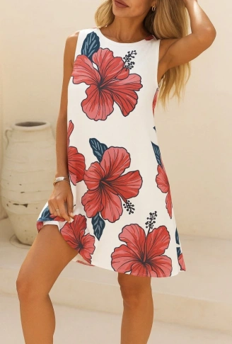 Kadın Sıfır Kol Sırttan Bağlamalı Fırfırlı çiçek Desenli Süprem Elbise