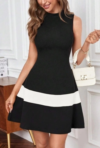 Kadın Sıfır Kol Yarı Balıkçı Yaka şerit Detaylı Ithal Krep Elbise