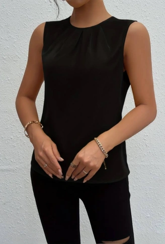 Kadın Sıfır Kol Yuvarlak Büzgü Yaka Sandy Bluz