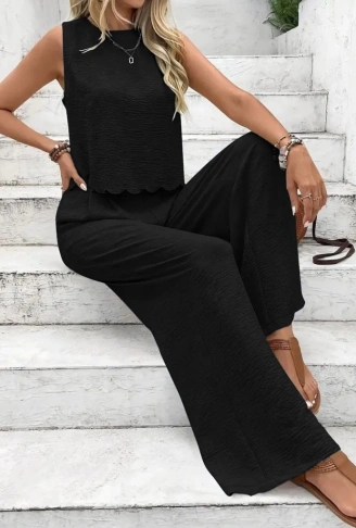 Kadın Sıfır Kollu Bisiklet Yaka Arkadan Bağlamalı Aer8bin Bluz Ve Pantolon Ikili Takım