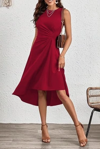 Kadın Sıfır Kollu Bisiklet Yaka Büzgülü Asimetrik Kesim Detaylı Janjan Krep Elbise