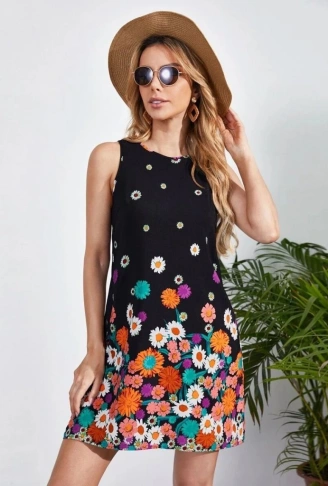 Kadın Sıfır Kollu Bisiklet Yaka çiçek Desenli Süprem Mini Elbise