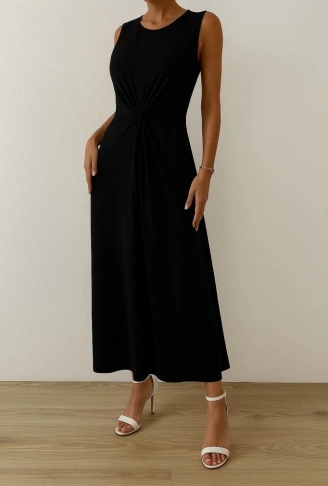 Kadın Sıfır Kollu Bisiklet Yaka Yandan Büzgü Detaylı Viskon Elbise