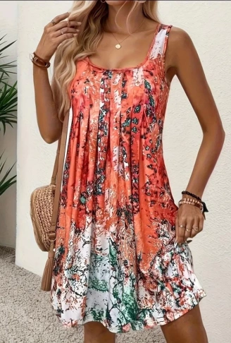 Kadın Sıfır Kollu Kare Yaka önden Pileli Salaş Süprem Elbise