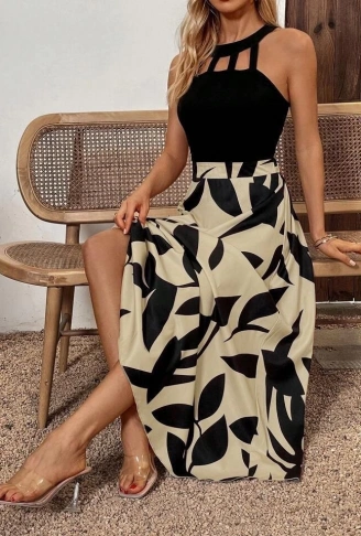 Kadın Sıfır Kollu Yakadan şeritli Omuzlardan Açık Janjan Krep Desenli Al Dalgıç Maxi Elbise