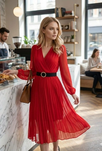 Kadın şifon Kumaş Astalı Kloş Kesim Kruvaze Yaka Midi Boy Elbise