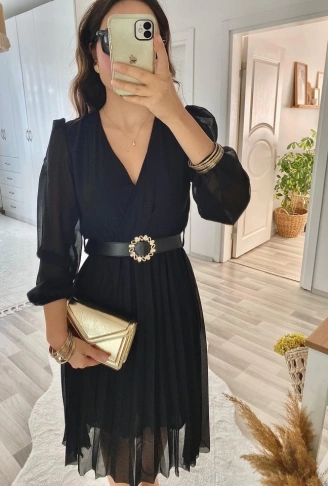 Kadın şifon Kumaş Astalı Kloş Kesim Kruvaze Yaka Midi Boy Elbise