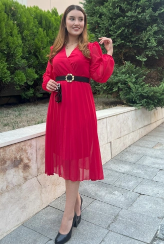 Kadın şifon Kumaş Astalı Kloş Kesim Kruvaze Yaka Midi Boy Elbise