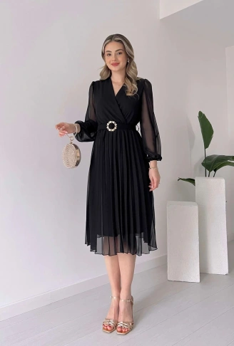 Kadın şifon Kumaş Astalı Kloş Kesim Kruvaze Yaka Midi Boy Elbise