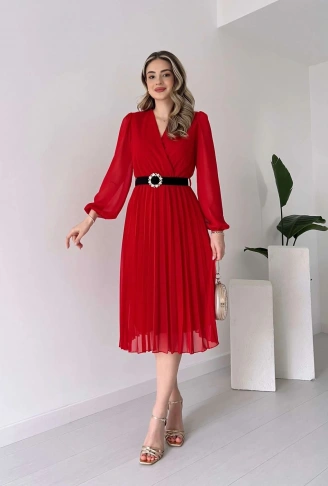 Kadın şifon Kumaş Astalı Kloş Kesim Kruvaze Yaka Midi Boy Elbise