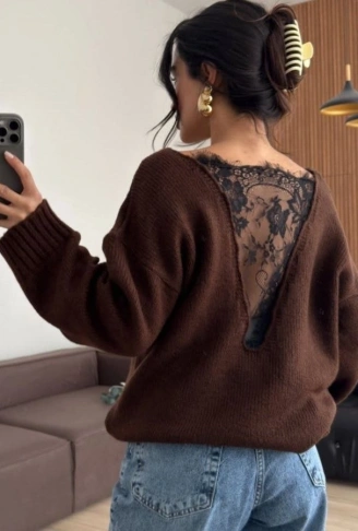 Kadın Sırtı Dantel Transparan Detay Triko Kazak