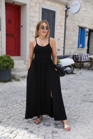 Kadın Sırttan çapraz Bağcıklı Yırtmaçlı Cepli Viskon Elbise