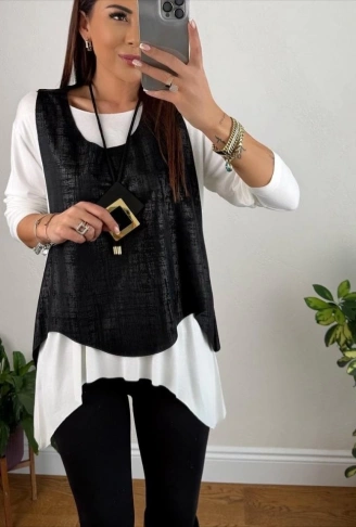 Kadın Siyah Deri Yelekli Kolye Dahil üçlü Takım