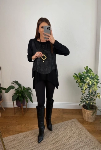 Kadın Siyah Deri Yelekli Kolye Dahil üçlü Takım