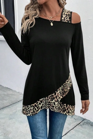 Kadın Tek O Uzdan Açık Askılı Uzun Kollu Leopar Detaylı Viskon Bluz